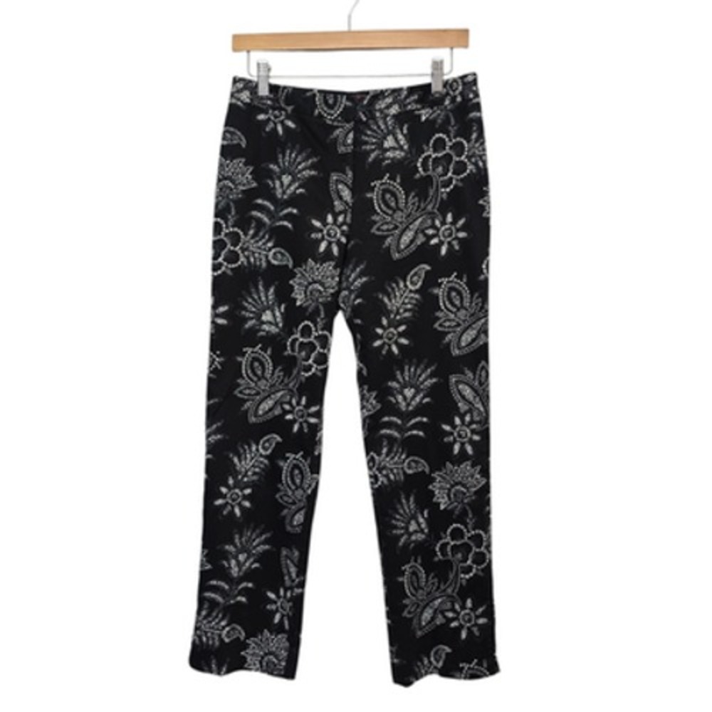 Oscar de la Renta Pants Womens 6 Black White Floral Paisley Stretch Cotton Print
